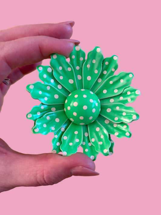 1960s Lime/Cream Polka Dot Flower Brooch